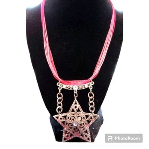 HANDMADE Western Cowgirl Rose Red & Silver Star Pendant Multistrand Necklace